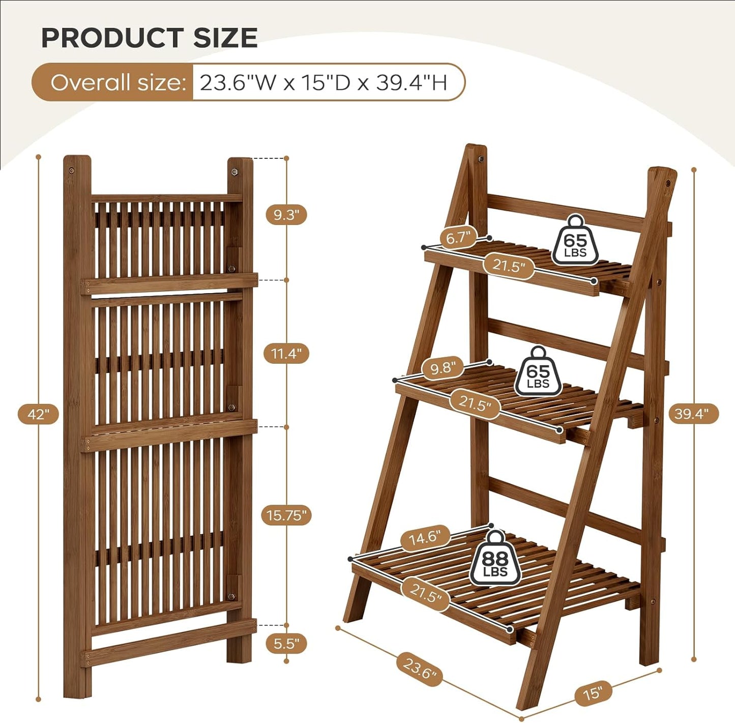 39.4" Bamboo Ladder Shelf Plant Shelf, 3 Tier Foldable Ladder Flower Pot Display Shelf Rack, 23.6"W X 15"D X 39.4"H, Freestanding Bookshelf for Garden, Balcony, Yard, Patio, Lawn, Living Room, Walnut