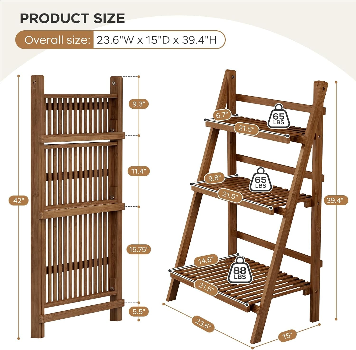 39.4" Bamboo Ladder Shelf Plant Shelf, 3 Tier Foldable Ladder Flower Pot Display Shelf Rack, 23.6"W X 15"D X 39.4"H, Freestanding Bookshelf for Garden, Balcony, Yard, Patio, Lawn, Living Room, Walnut