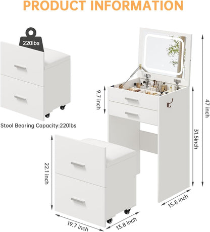 3 in 1 Vanity Desk, Compact Vanity with 3 Drawers, Makeup Desk with Flip-Up 3 Colors Lighting Mirror and Cushioned Stool, Small Vanities Nightstand Perfect for Bedroom, White