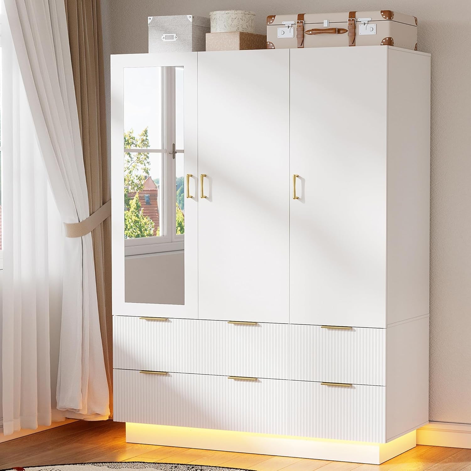 Armoire Wardrobe Closet with 3 Door, Bedroom Armoires with Mirror and LED Lights, Hanging Rod, Drawers, Large Capacity Storage Wardrobe Armoire for Bedroom