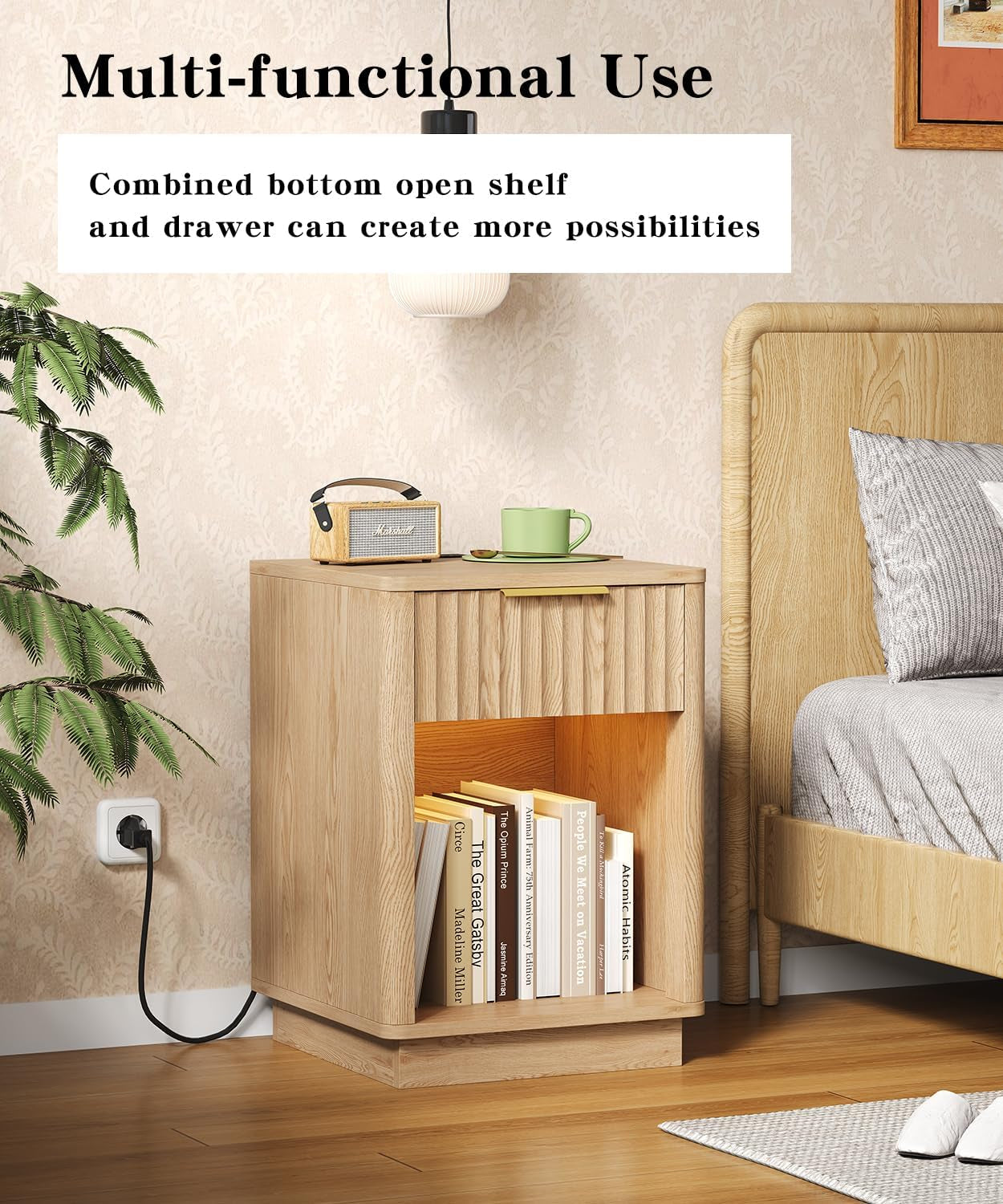 Fluted Nightstands Set of 2, Wooden Night Stand with Charging Station and LED Light, Modern Mid Century End Table with Drawer, 15" D X 15.7" W X 22.6" H, for Bedroom, Natural Oak