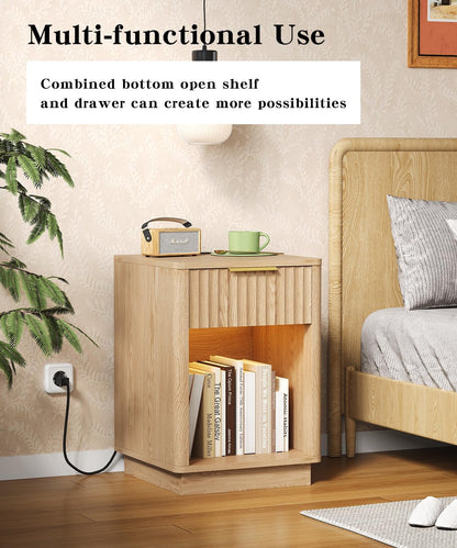 Fluted Nightstands Set of 2, Wooden Night Stand with Charging Station and LED Light, Modern Mid Century Bed Side End Table with Drawer, 15" D X 15.7" W X 22.6" H, for Bedroom, Natural Oak