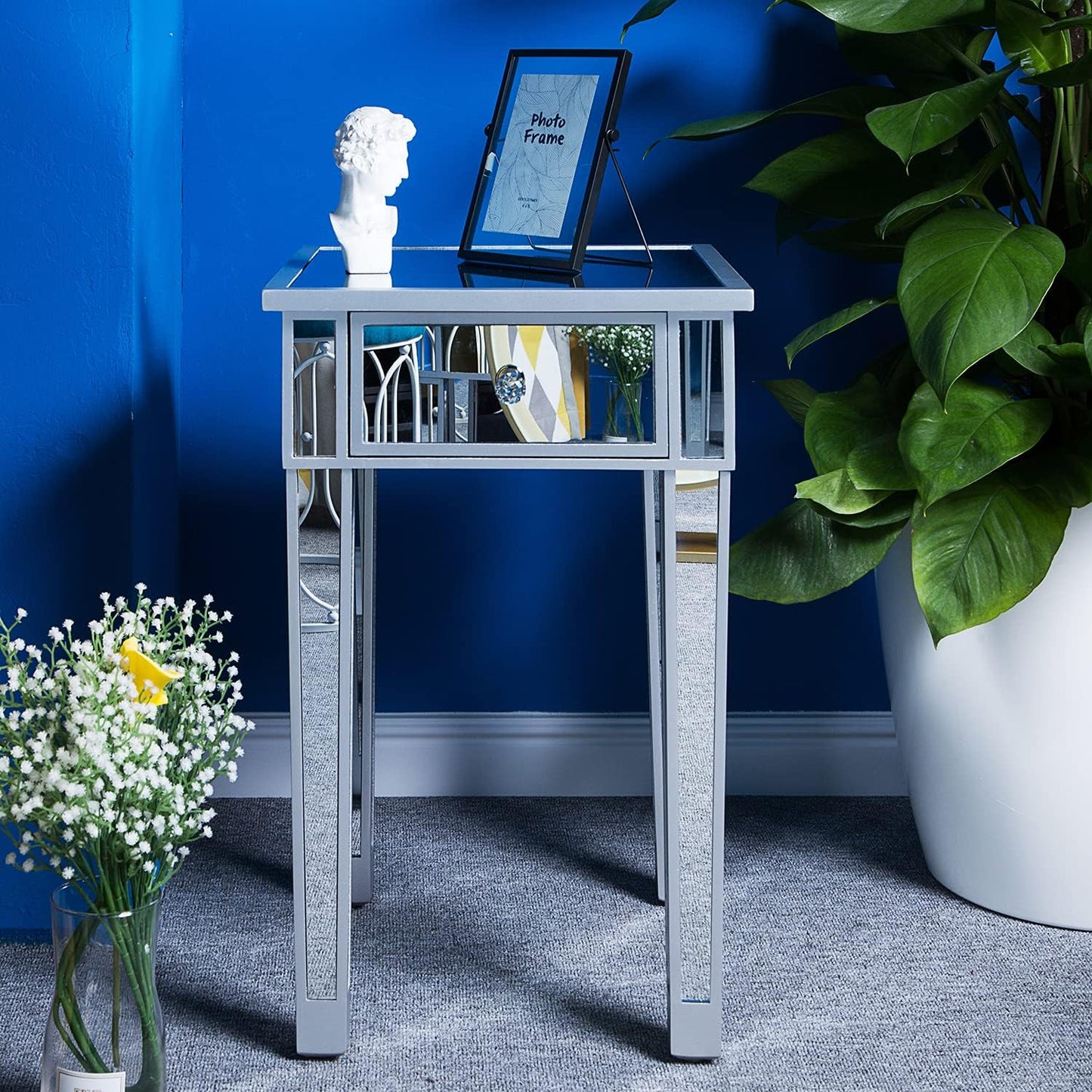 Mirrored End Table with Drawer Silver Modern Nightstand/Bedside/Accent Table for Small Space,Living Room,Bedroom,15.7" L X 15.7" W X 24" H,Mirror