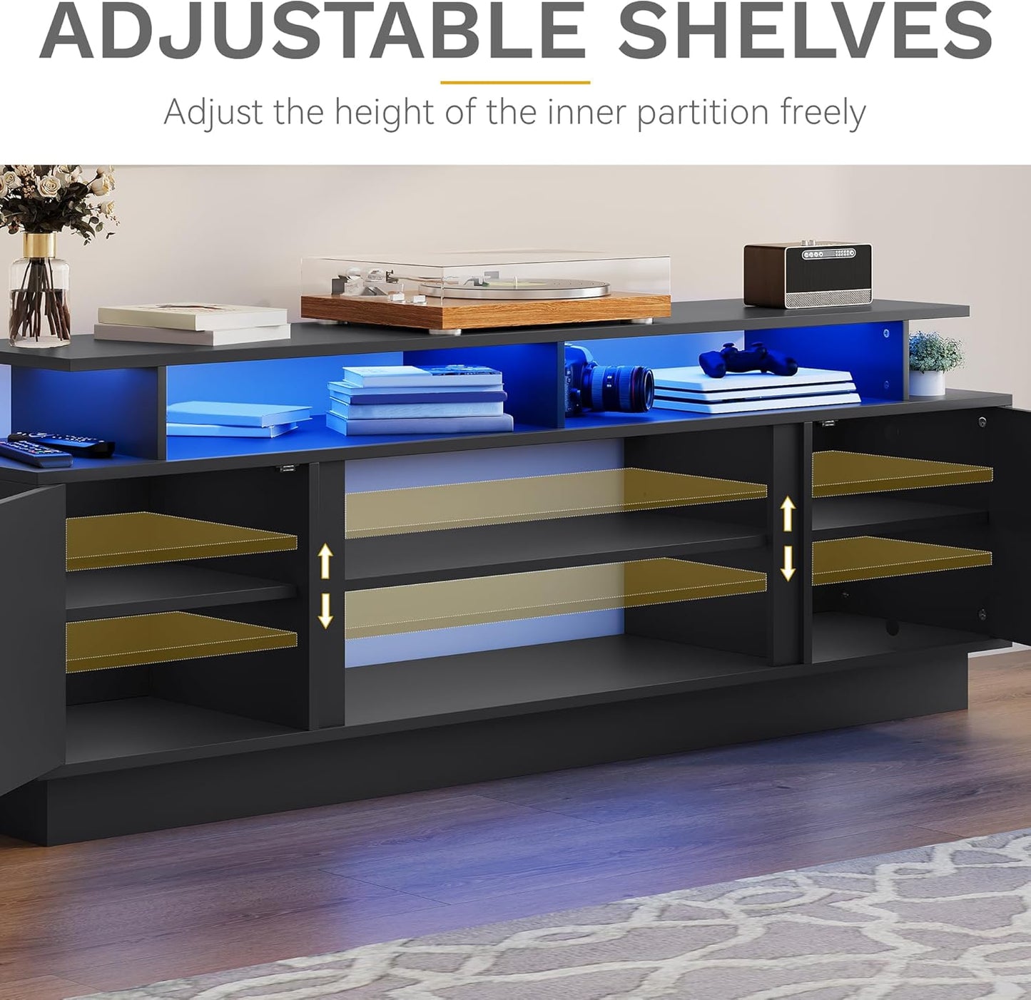 Modern TV Stand for 65/75 Inch Tvs, Entertainment Center with LED Lights, TV Shelf with Storage Cabinets & Movable Partition, TV Console for Living Room, Black