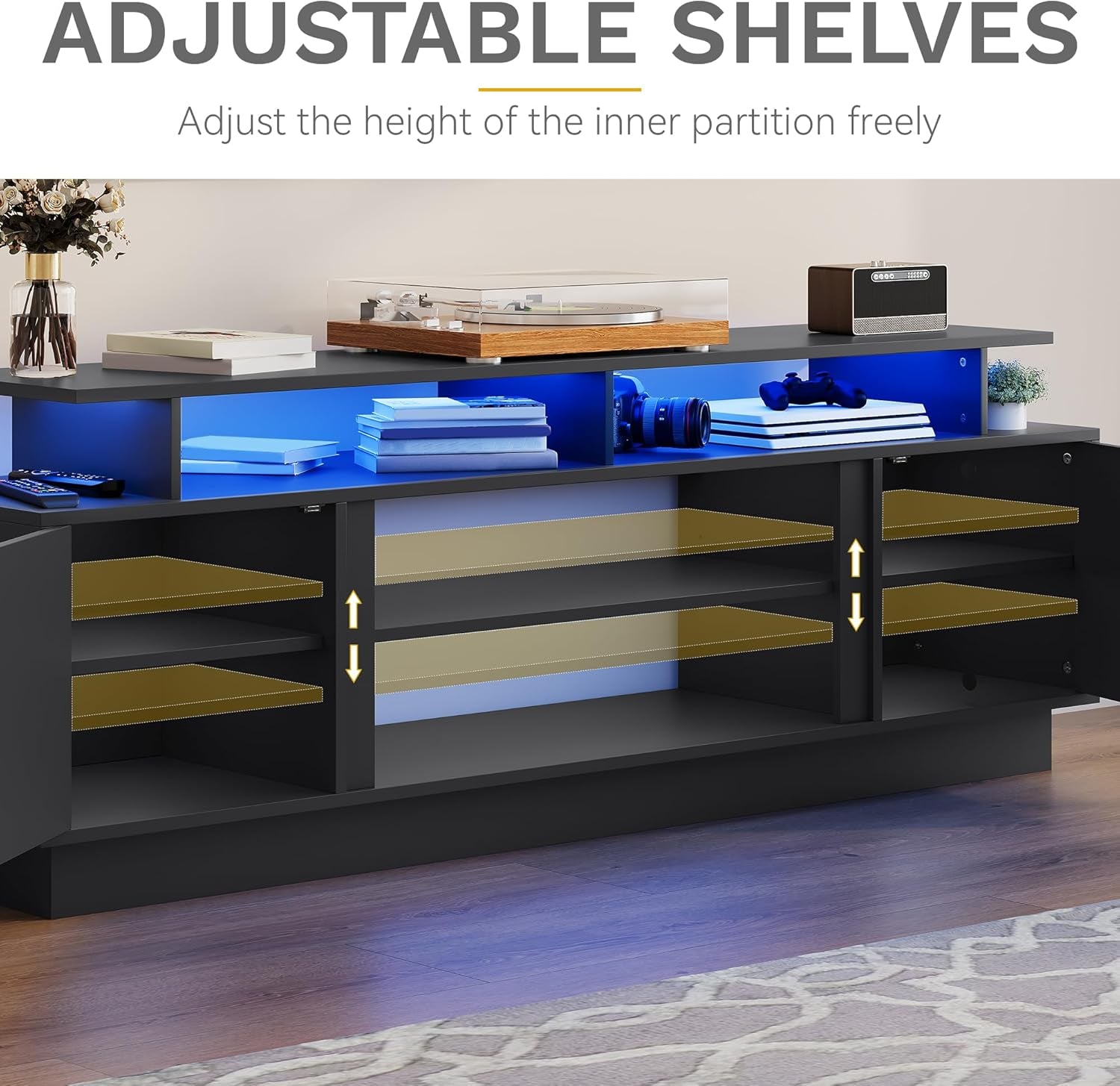 Modern TV Stand for 65/75 Inch Tvs, Entertainment Center with LED Lights, TV Shelf with Storage Cabinets & Movable Partition, TV Console for Living Room, Black