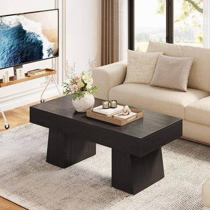 Farmhouse Coffee Table, 47 Inches Wooden Rectangular Accent Center Tables with Thick Base, Modern Low Cocktail Tea Furniture for Living Room (Black)