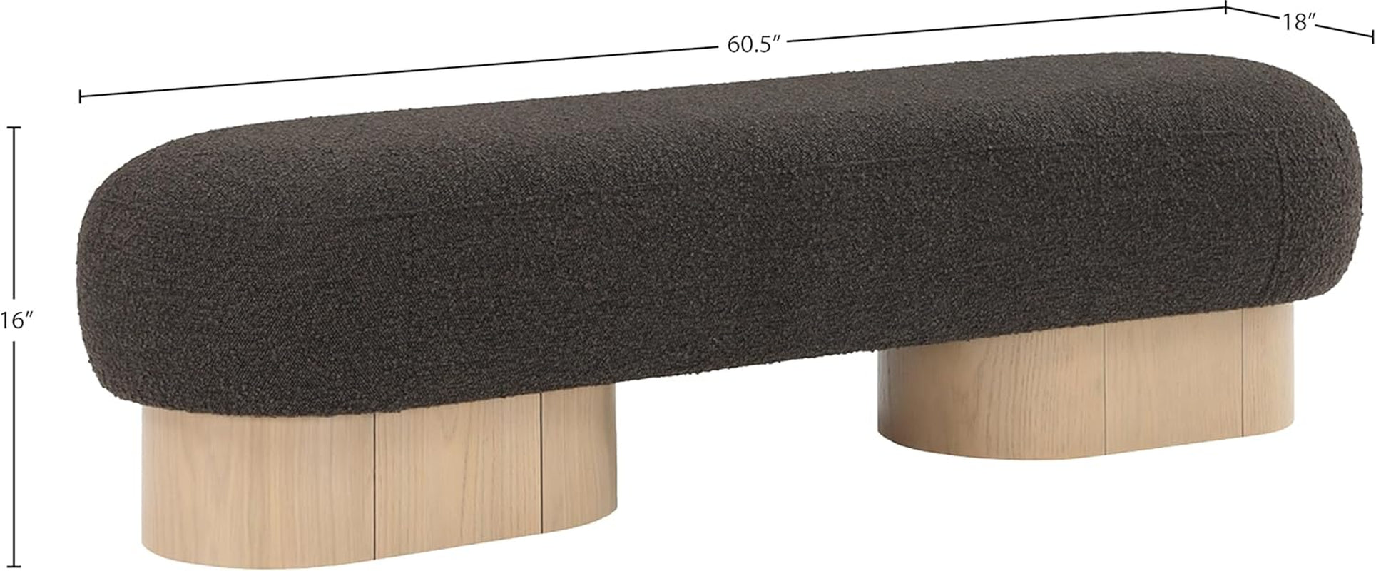22001Brown Robertson Collection Art Deco Bench with Luxurious Brown Boucle Fabric and Rich Natural Oak Finish, 60.5" W X 18" D X 16" H, Brown