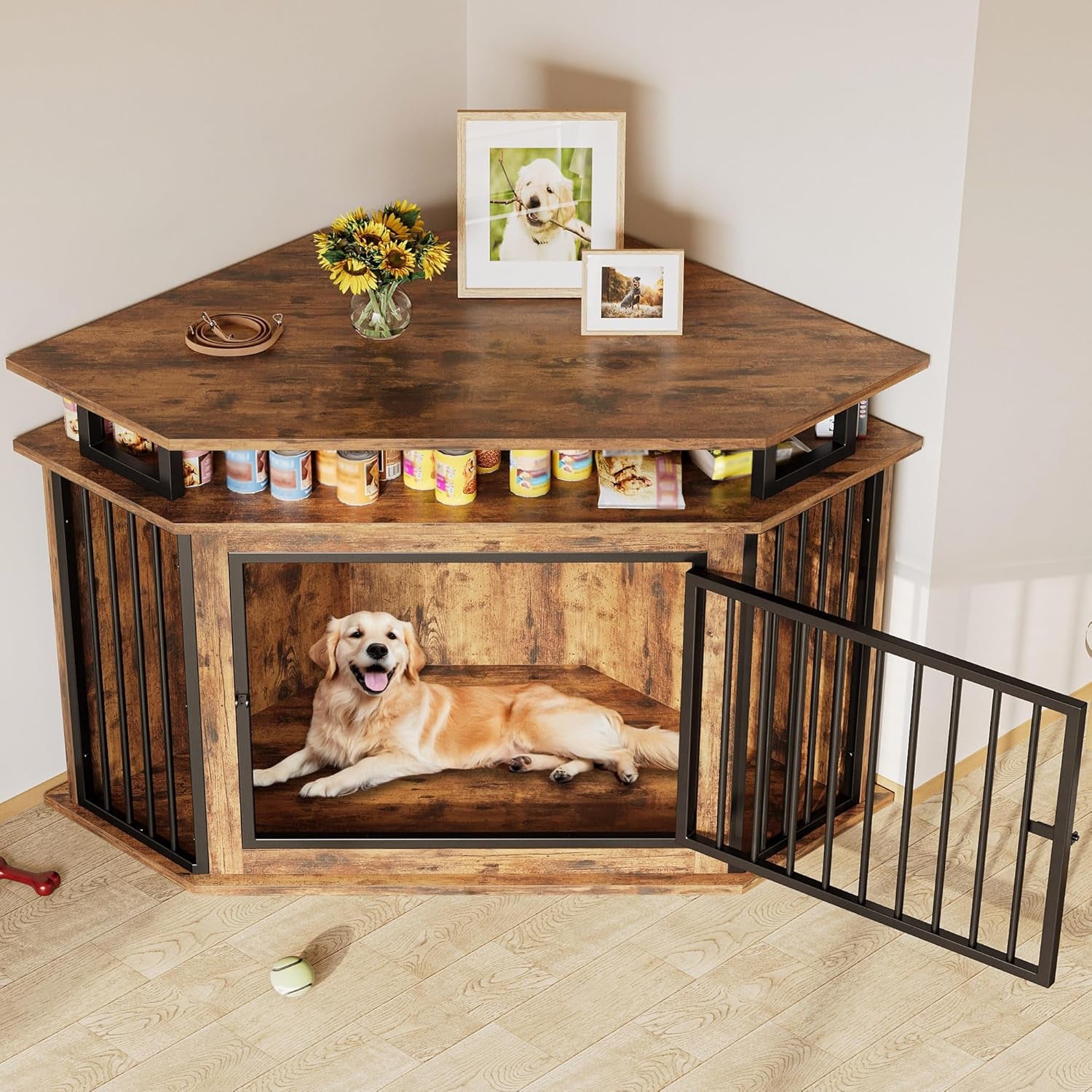 51" Corner Wooden Dog Crate Furniture with 2-Tier Shelves, Pet Kennel for Large Dogs, Space-Saving Dog Cage for TV Stand, Rustic Brown (26.7" L X 51.2" W X 33.5" H)