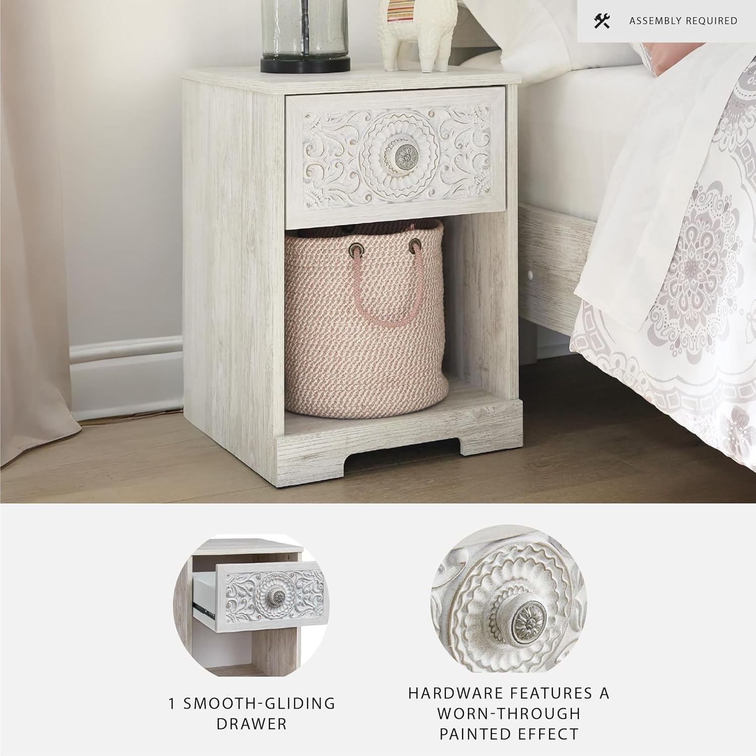 Paxberry Bohemian 1 Drawer Nightstand with Open Cubby, 22.09" Tall, White