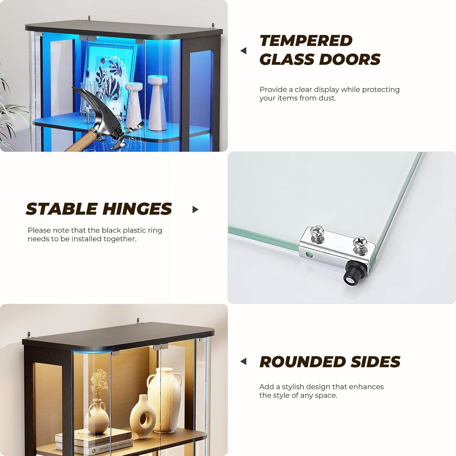 Rounded Display Cabinet with Glass Door, 4-Tier Curio Cabinet with Transparent Full-Display Surface for Collectibles, Glass Display Case with 3 Color Lights, Human Body Sensor, Black