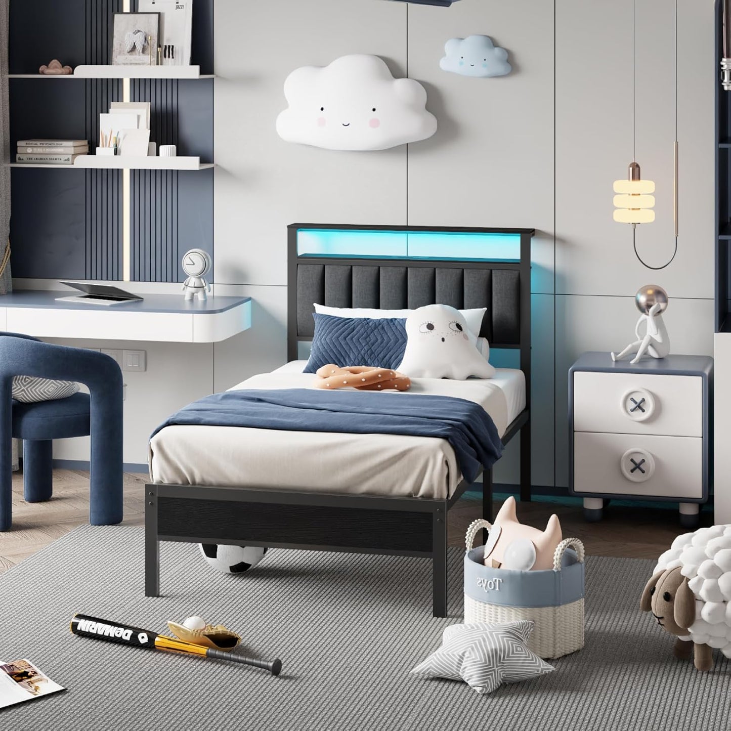 Twin Size Bed Frame with Charging Station and LED Lights, Platform Bed with Metal Slats, Grey Upholstered Headboard with 2-Tier Storage Shelves, No Box Spring Needed
