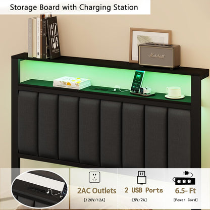 Twin Bed Frames with Charging Station and LED Lights, Grey Upholstered Headboard with Shelves, Metal Platform Bed with 2 Under-Bed Storage (Fabric Drawer on Wheels), No Box Spring Needed