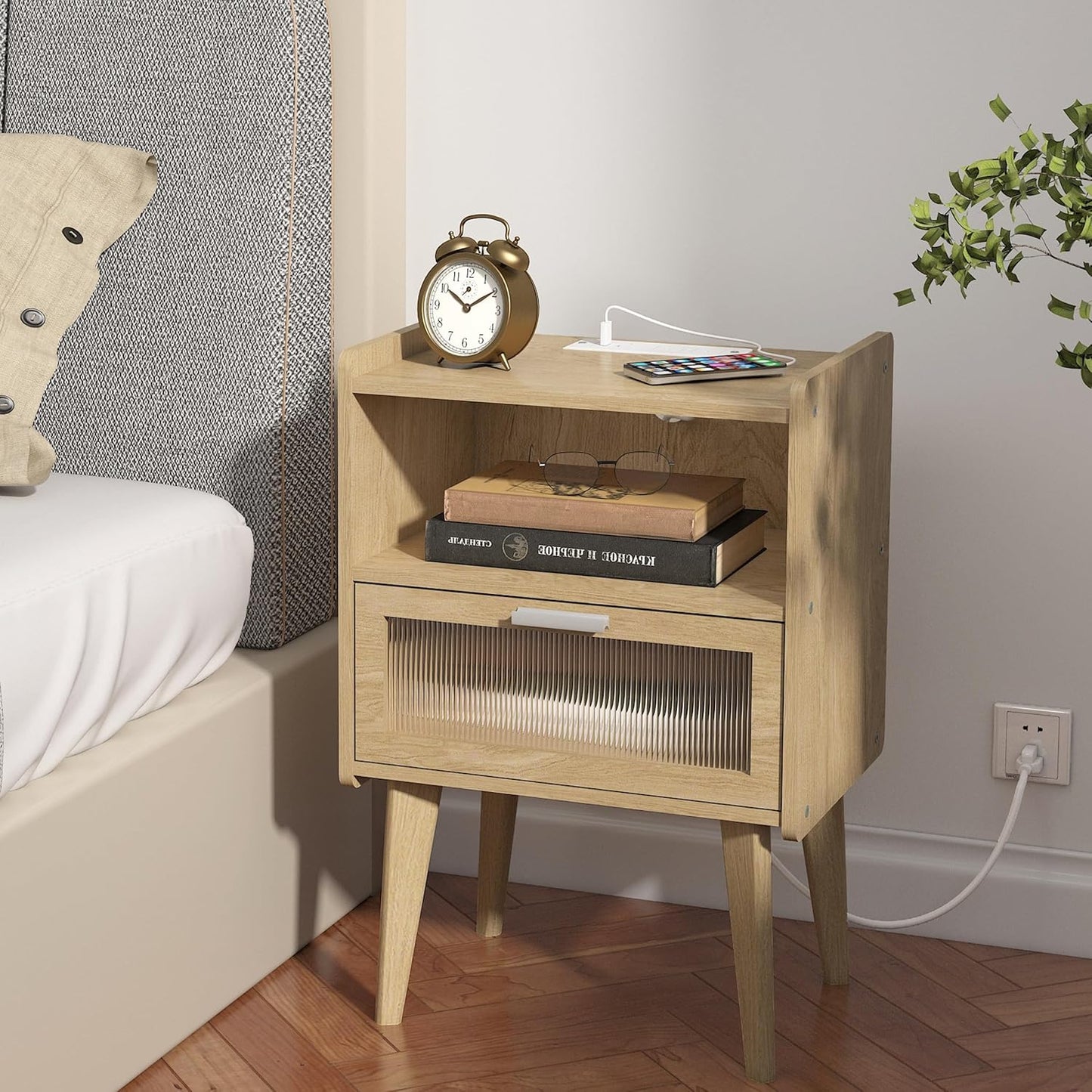 Nightstand with Charging Station, Bedside Tables with Glass Decorative Door, Natural End Table, Side Table with 2 Tiers Storage Space for Bedroom Living Room CAMLBZ07YE