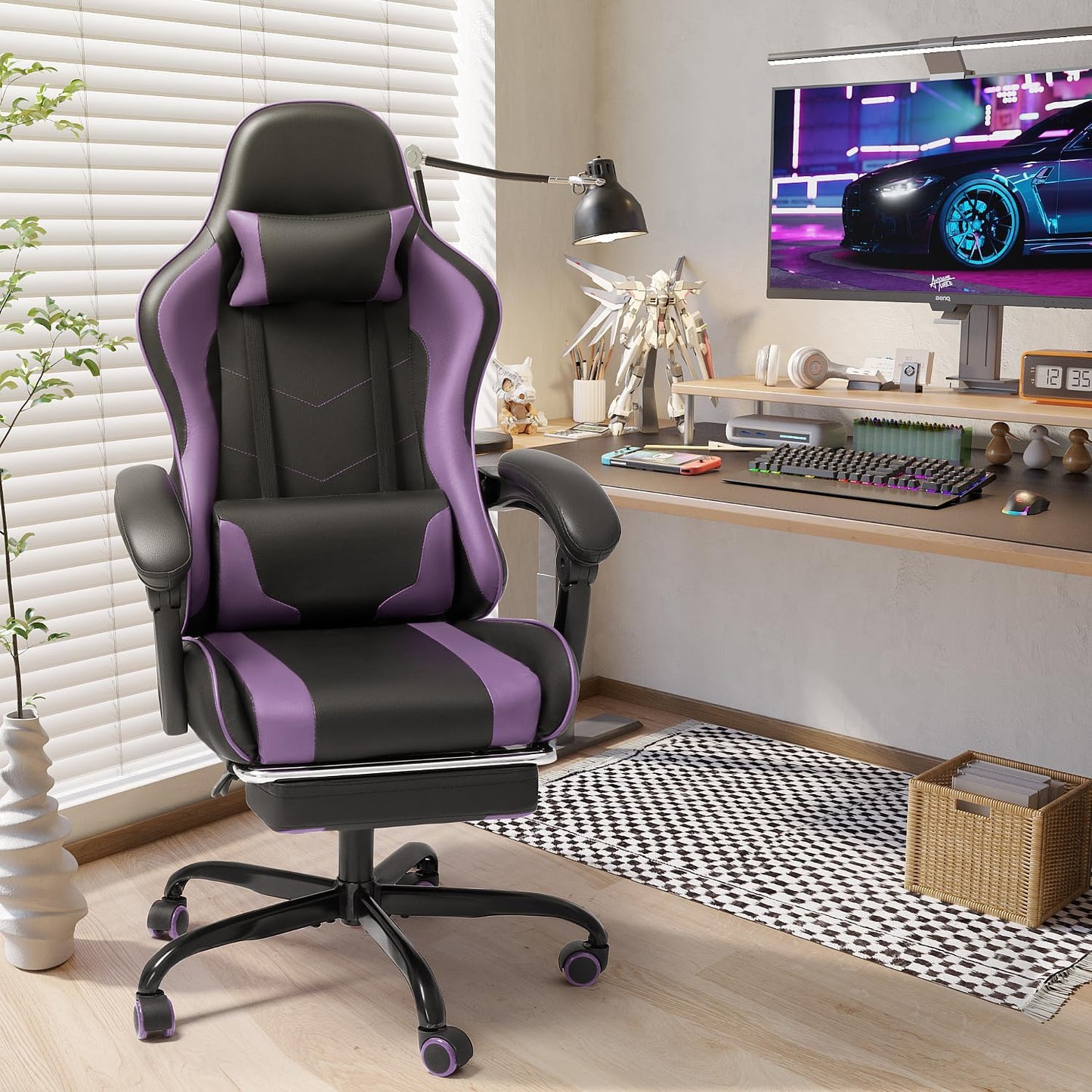 Gaming Chair with Footrest and Massage Lumbar Support, Computer Chairs, Video Racing Seat Height Adjustable with 360°Swivel and Headrest for Office or Bedroom, Purple