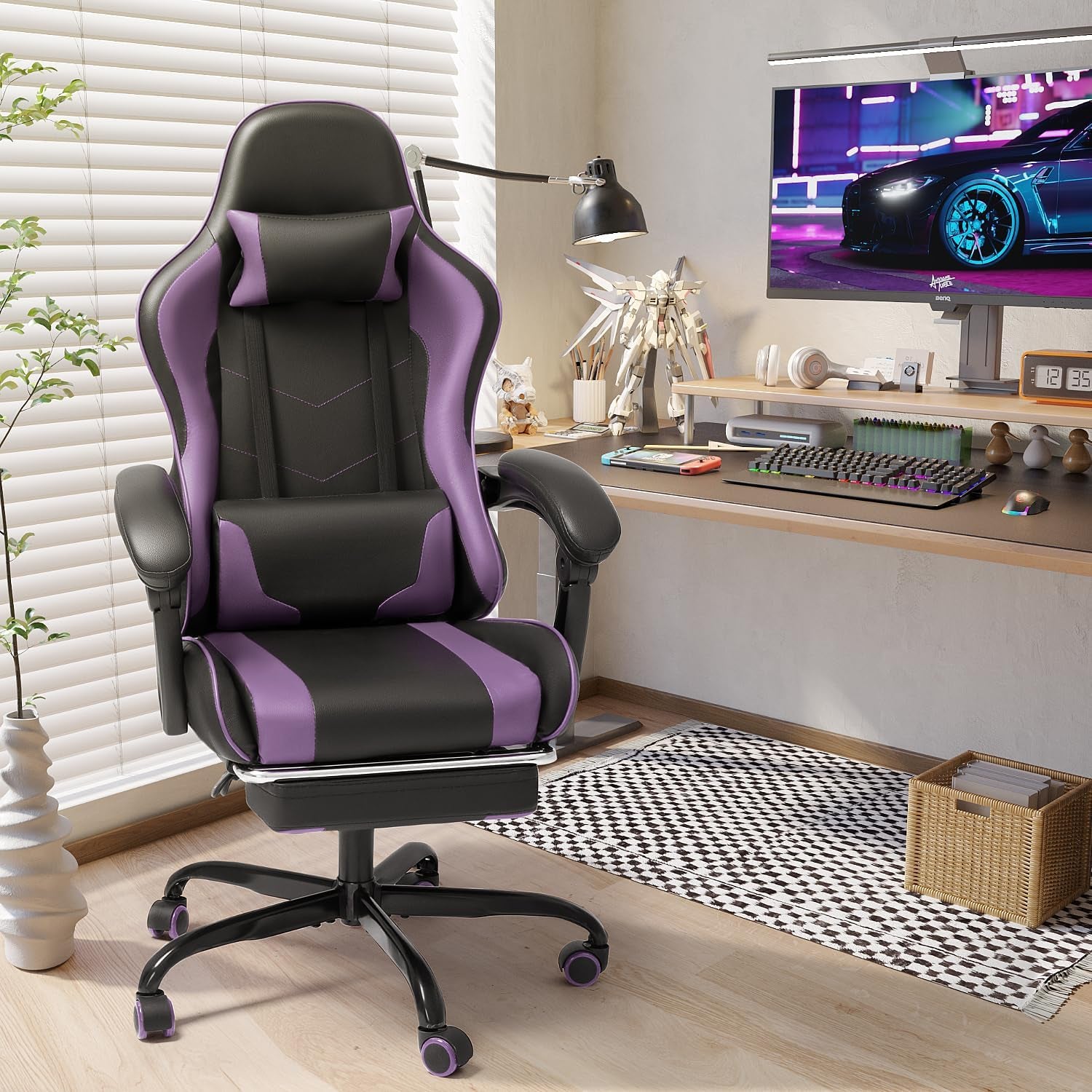 Gaming Chair with Footrest and Massage Lumbar Support, Computer Chairs, Video Racing Seat Height Adjustable with 360°Swivel and Headrest for Office or Bedroom, Purple