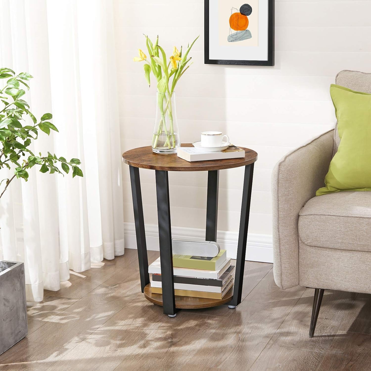End Table, round Side Table with Storage Shelf, Easy Assembly, Industrial Accent Furniture with Steel Frame, Rustic Brown and Black