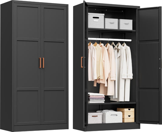 Metal Storage Cabinet with Hanging Rail, Black Armoire Wardrobe Closet with 2 Doors,71" H Storage Closet Cabinets with Adjustable Shelves and Removable Hanging Rods