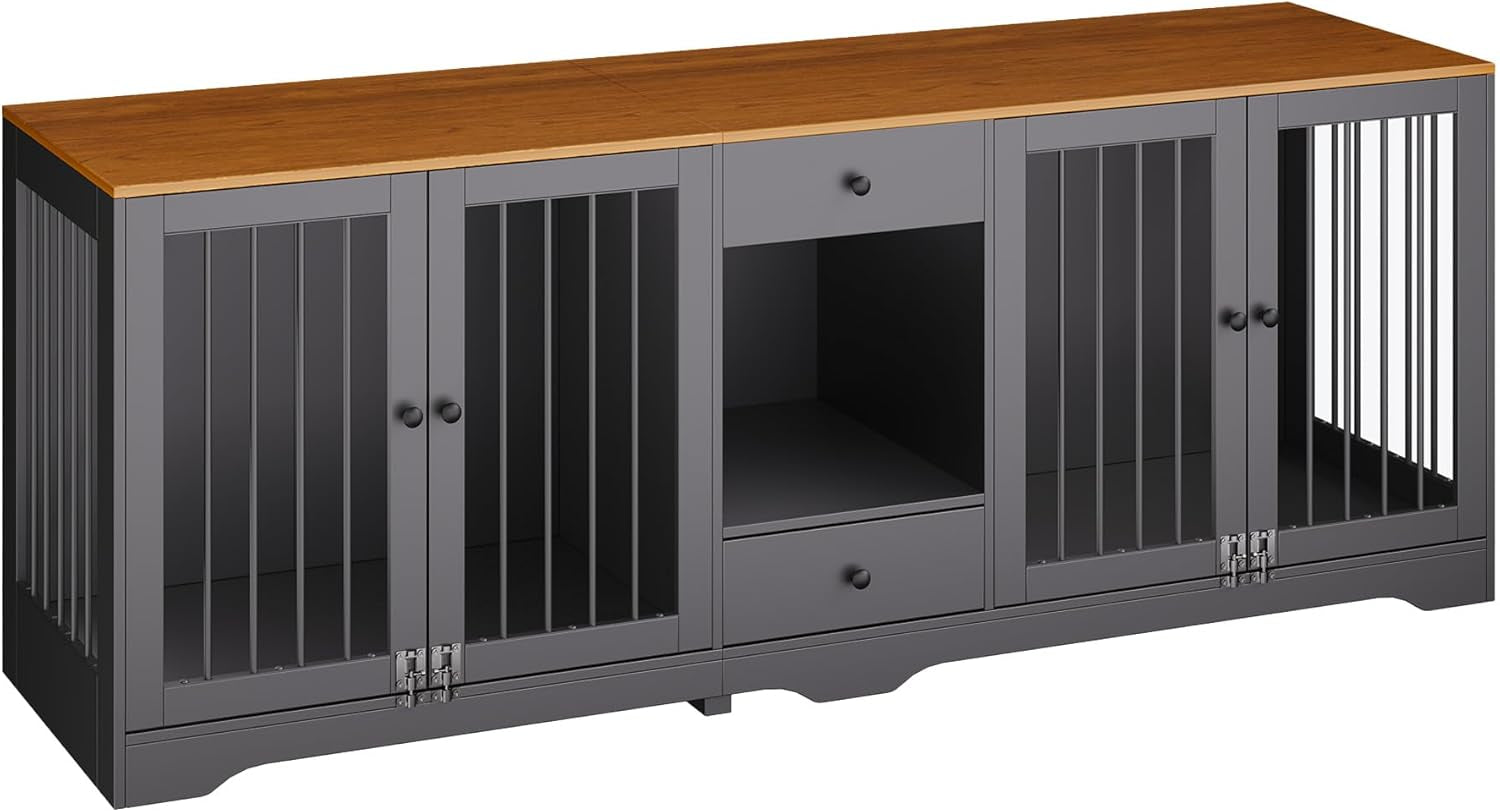 Large Dog Crate Furniture with Secure Locking Latches, 82" Wooden Dog Kennel Furniture with Double Doors, Drawers & 4 Bowls, Heavy-Duty Metal Bars Decorative Pet House for Living Room, Black