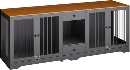 Large Dog Crate Furniture with Secure Locking Latches, 82" Wooden Dog Kennel Furniture with Double Doors, Drawers & 4 Bowls, Heavy-Duty Metal Bars Decorative Pet House for Living Room, Black