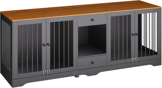 Large Dog Crate Furniture with Secure Locking Latches, 82" Wooden Dog Kennel Furniture with Double Doors, Drawers & 4 Bowls, Heavy-Duty Metal Bars Decorative Pet House for Living Room, Black