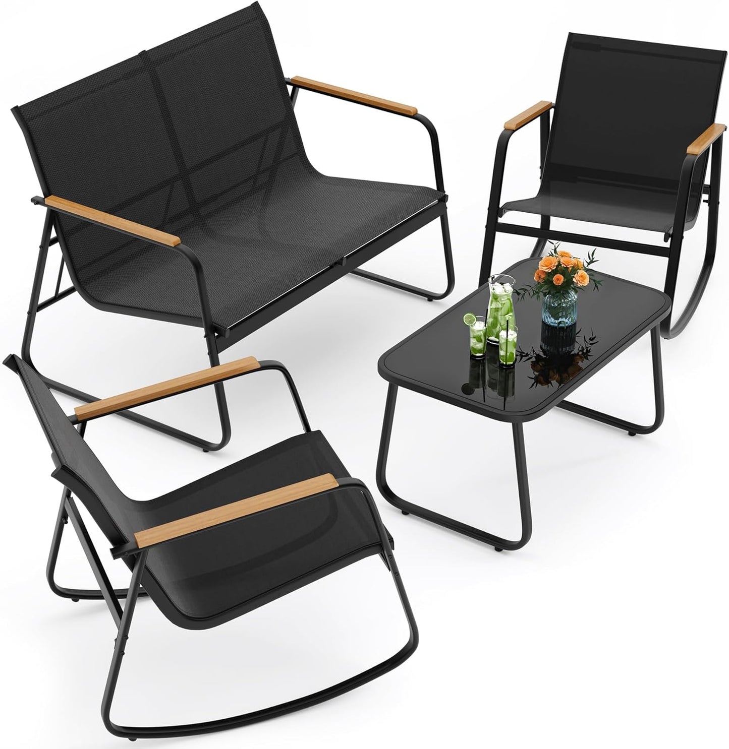 4-Piece Patio Furniture Set, Textilene Outdoor Conversation Set with 2 Rocking Chairs and Tempered Glass Coffee Table, for Lawn, Garden, Balcony, Poolside (Black)
