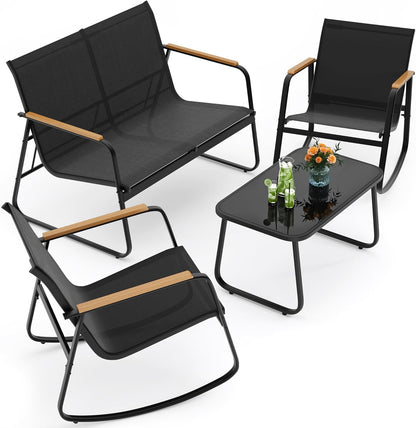4-Piece Patio Furniture Set, Textilene Outdoor Conversation Set with 2 Rocking Chairs and Tempered Glass Coffee Table, for Lawn, Garden, Balcony, Poolside (Black)
