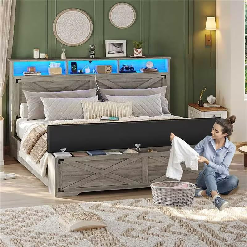 Queen Size Bed Frame with Storage Ottoman, Farmhouse Bed Frame with Charging Station and Led Light, Headboard with Storage Rack, Metal Slats, No Noise Design, No Box Spring Needed,Oak Grey
