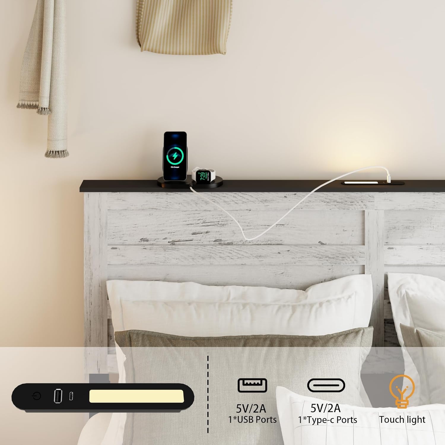 Wooden Queen Size Bed Frame with Headboard, Boho White Farmhouse Storage Bedframe with Sliding Barn Door Footboard and Charging Station, Solid Wood Slats, No Box Spring Needed