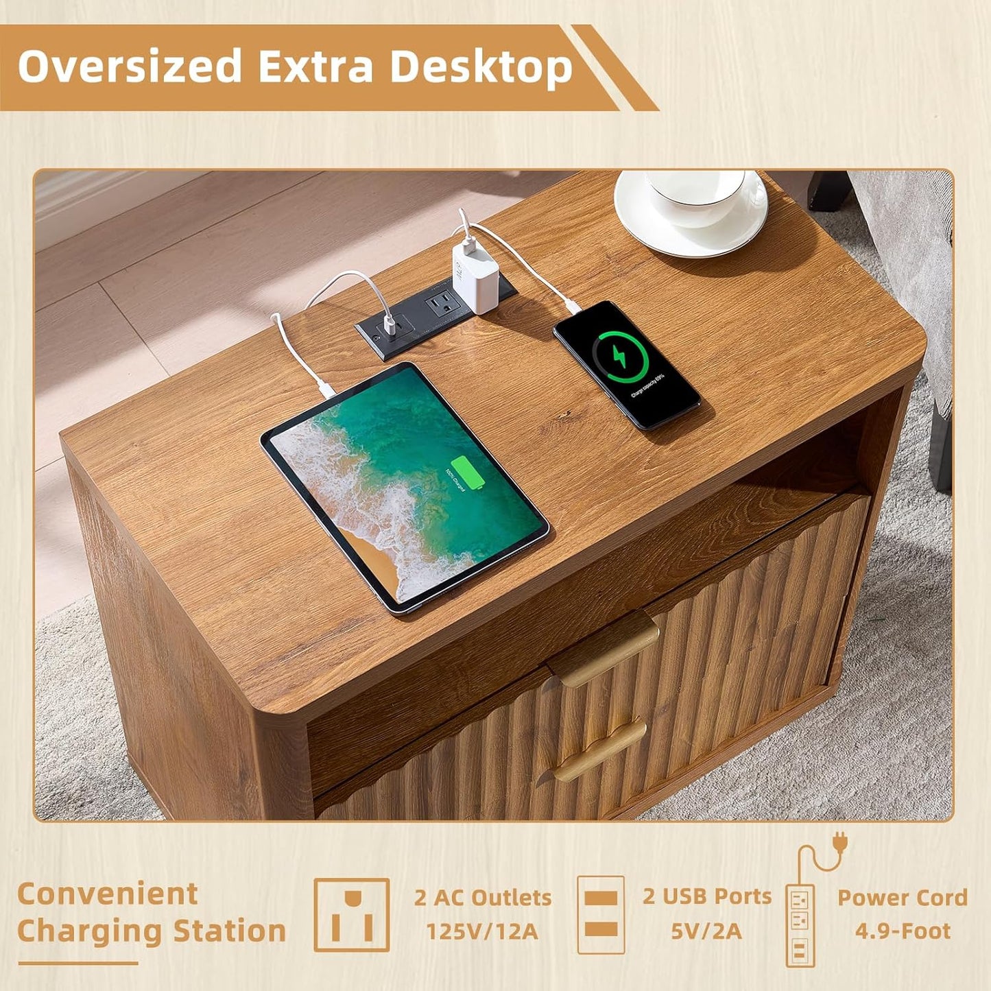 31" Wide Fluted Nightstand Set of 2 with Charging Station, Oversized Extra Large 2 Drawers Night Stand,Brown Wood Bedside Table,Tall End Tables,Modern Chest of Drawers Dressers for Bedroom