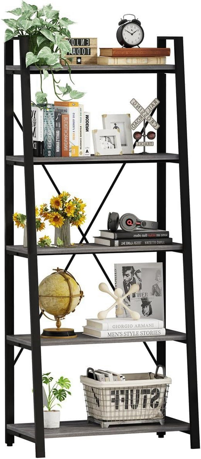 5-Tier Ladder Shelf, Industrial Leaning Bookcase, Wood and Metal Ladder Bookshelf for Living Room, Bedroom, Kitchen, Home Office (Grey Oak)