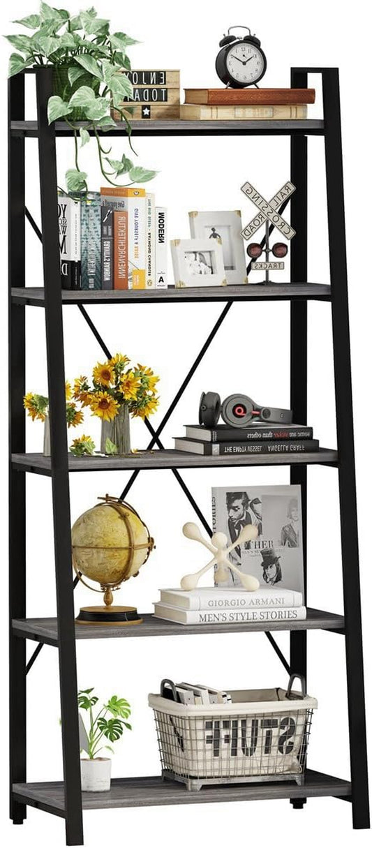 5-Tier Ladder Shelf, Industrial Leaning Bookcase, Wood and Metal Ladder Bookshelf for Living Room, Bedroom, Kitchen, Home Office (Grey Oak)