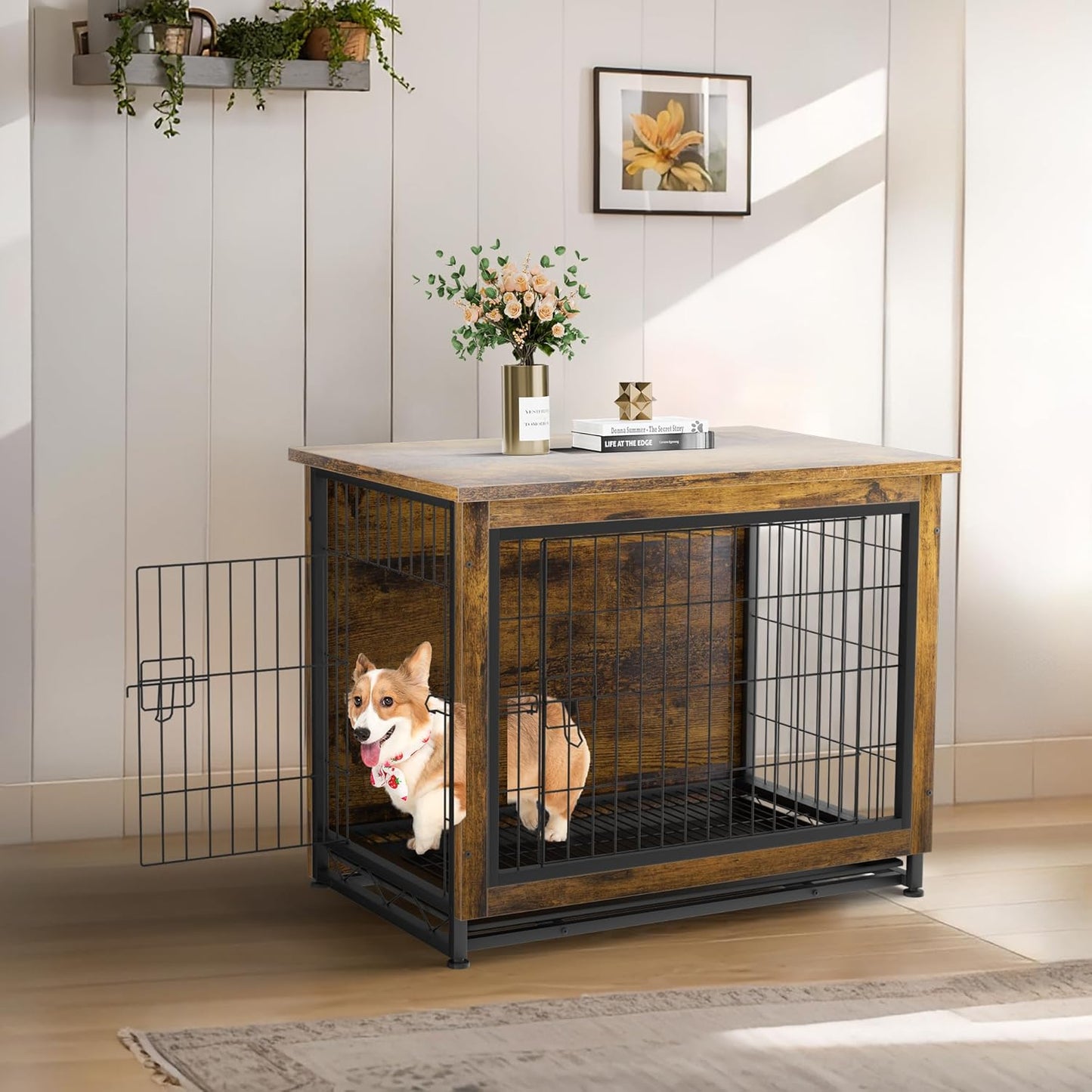 Dog Crate Furniture, Wooden Dog Crate Table, Double-Doors Dog Furniture, Indoor Kennel, Dog Cage/Brown/M