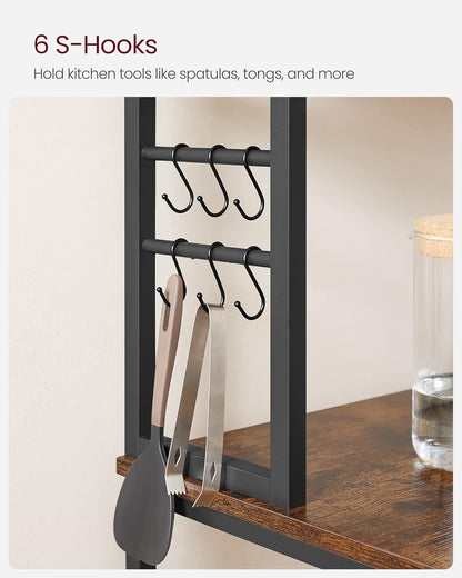 Coffee Bar, 31.5 Inches Baker'S Rack for Kitchen with Storage, 6-Tier Kitchen Shelves with 6 Hooks, Microwave Stand, Industrial, Rustic Brown and Ink Black UKKS019B01
