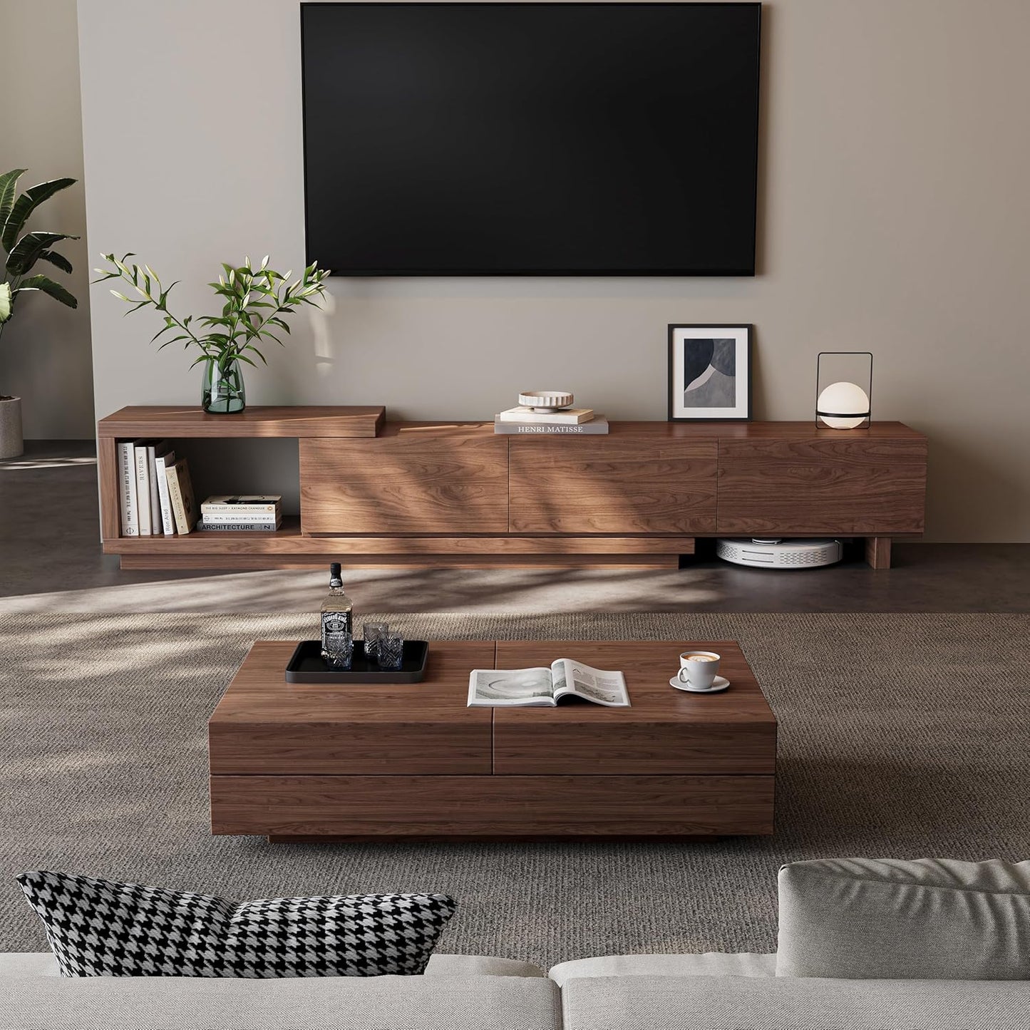 Extendable TV Stand for 65-100 Inches Tvs – Walnut Entertainment Console with 3 Drawers & 1 Storage Compartment, Adjustable Length 68.5''-98.4'' (Walnut, 68.5''-98.4'')