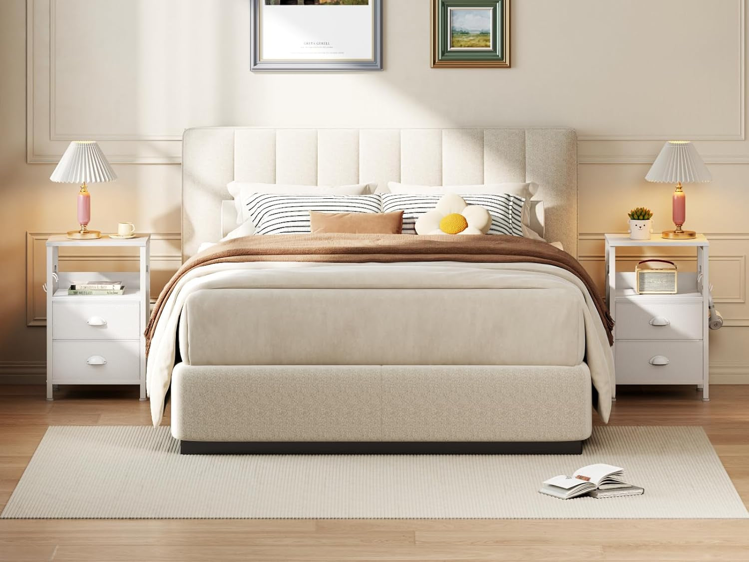 Nightstands Set of 2, End Table with 2 Fabric Drawers, Night Stand with 2 Hooks, Open Wood Shelf Bedside Table for Bedroom/Living Room/White