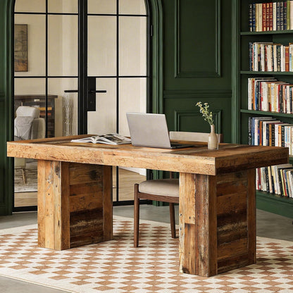 63" Large Executive Desk, Farmhouse Computer Office Desk Wooden Writing Table Rustic Rectangle Business Workspace Table for Home Office, Distressd Brown