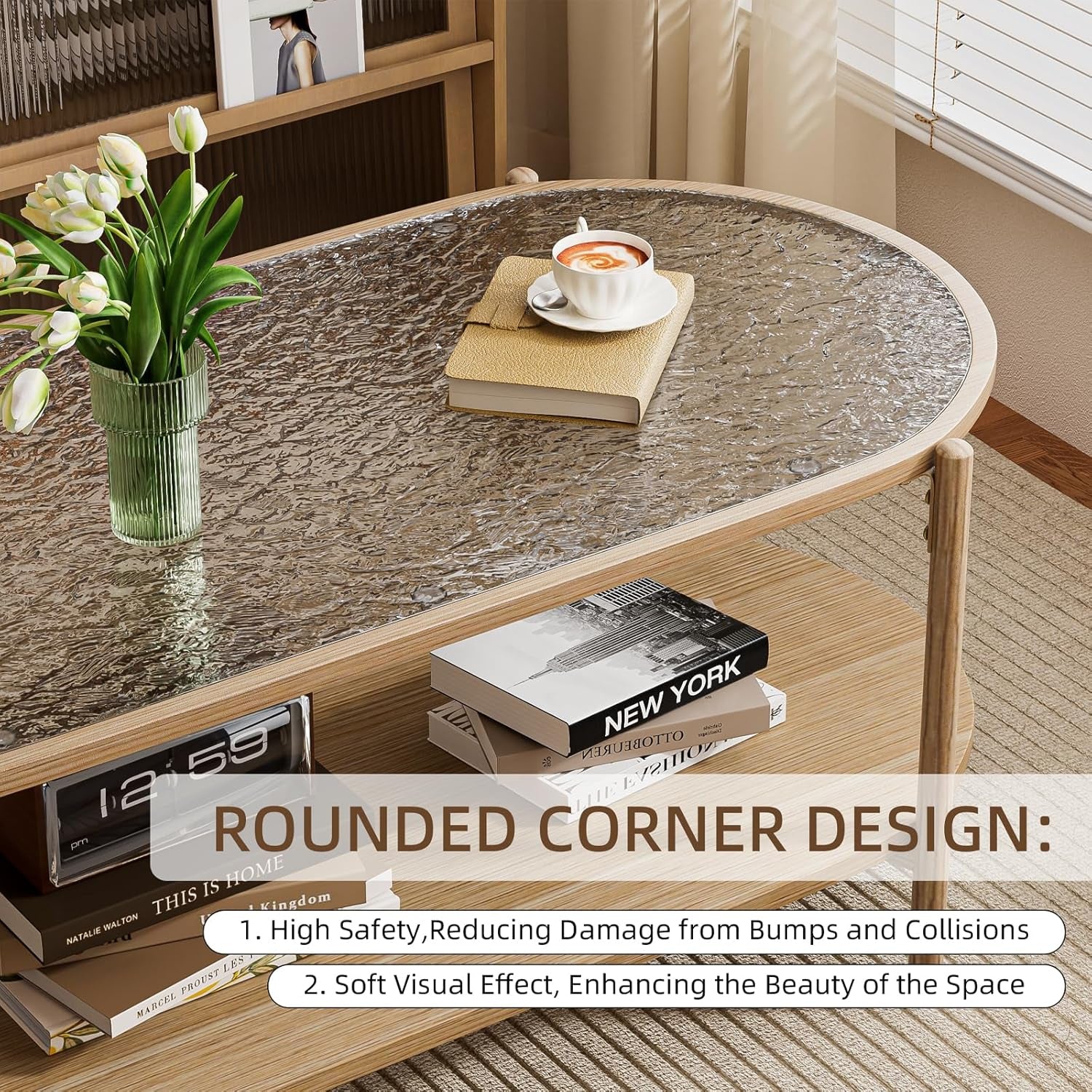 Glass Coffee Table, 44” Tea Dinner Table 2-Tier Oval Center Table Wave Pattern Tempered Glass Table Top with anti Slip Pads, for Living Room Office Cafe Reception Room Small Space Apartment