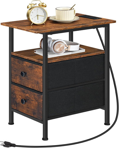End Table with Charging Station, Narrow Side Table, Nightstand with 2 Non-Woven Drawers, Slim Sofa Side Table, for Small Spaces, Living Room, Bedroom, Rustic Brown and Black BF486UBZ01