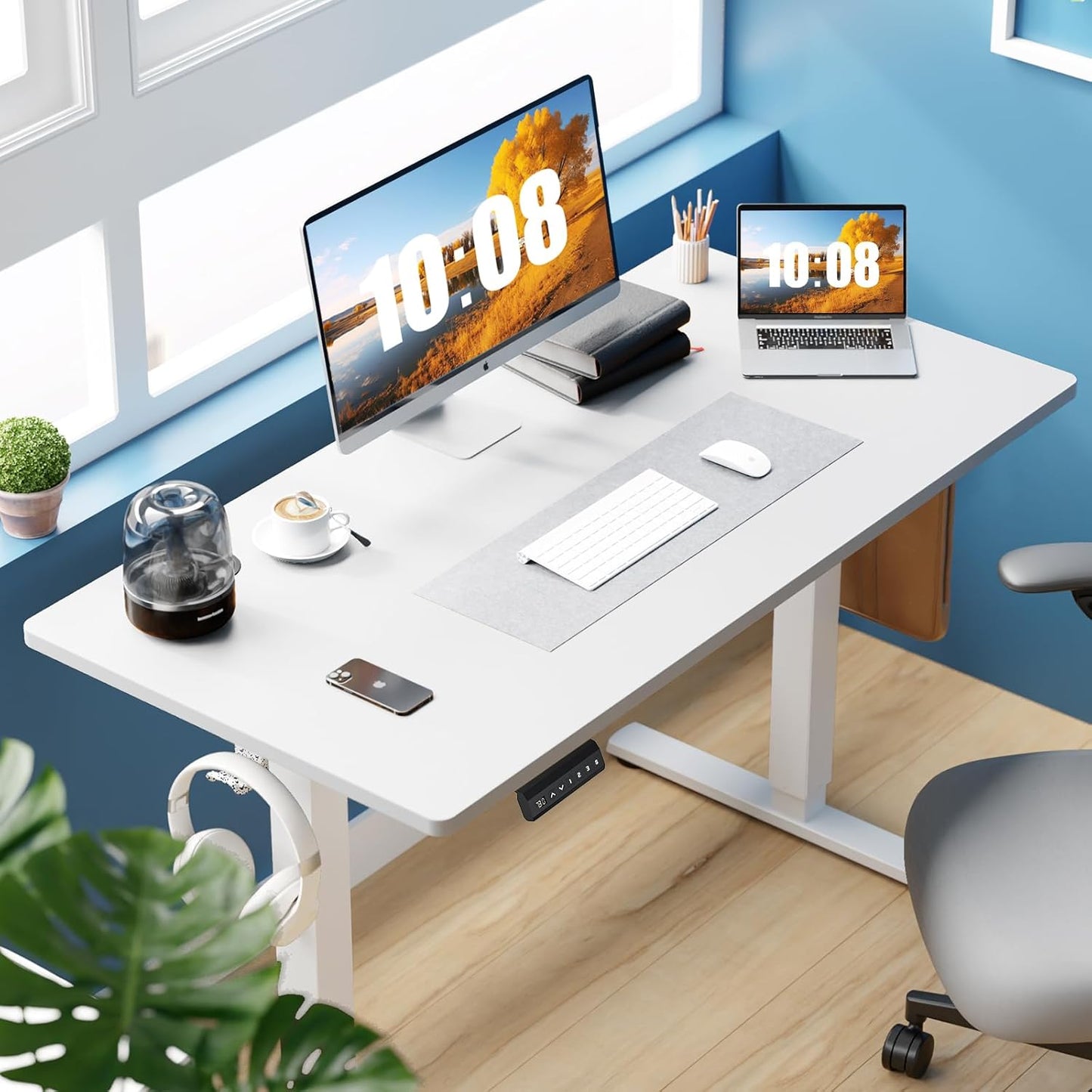 Electric Standing Desk Adjustable Height, 55X24 Inch Sit Stand up Home Office Desks Computer Workstation PC Work Table with 3 Memory Preset Splice Wood Board Metal Frame, White