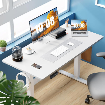 Electric Standing Desk Adjustable Height, 55X24 Inch Sit Stand up Home Office Desks Computer Workstation PC Work Table with 3 Memory Preset Splice Wood Board Metal Frame, White