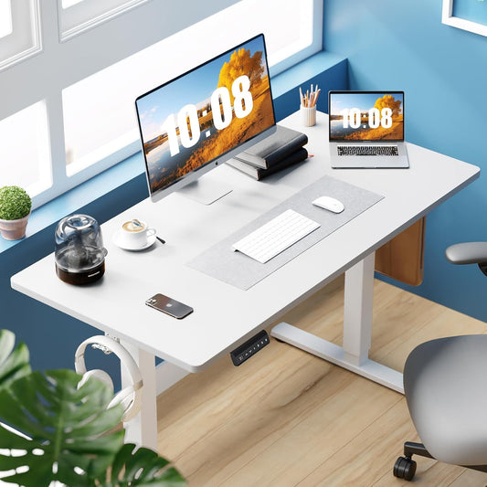 Electric Standing Desk Adjustable Height, 55X24 Inch Sit Stand up Home Office Desks Computer Workstation PC Work Table with 3 Memory Preset Splice Wood Board Metal Frame, White