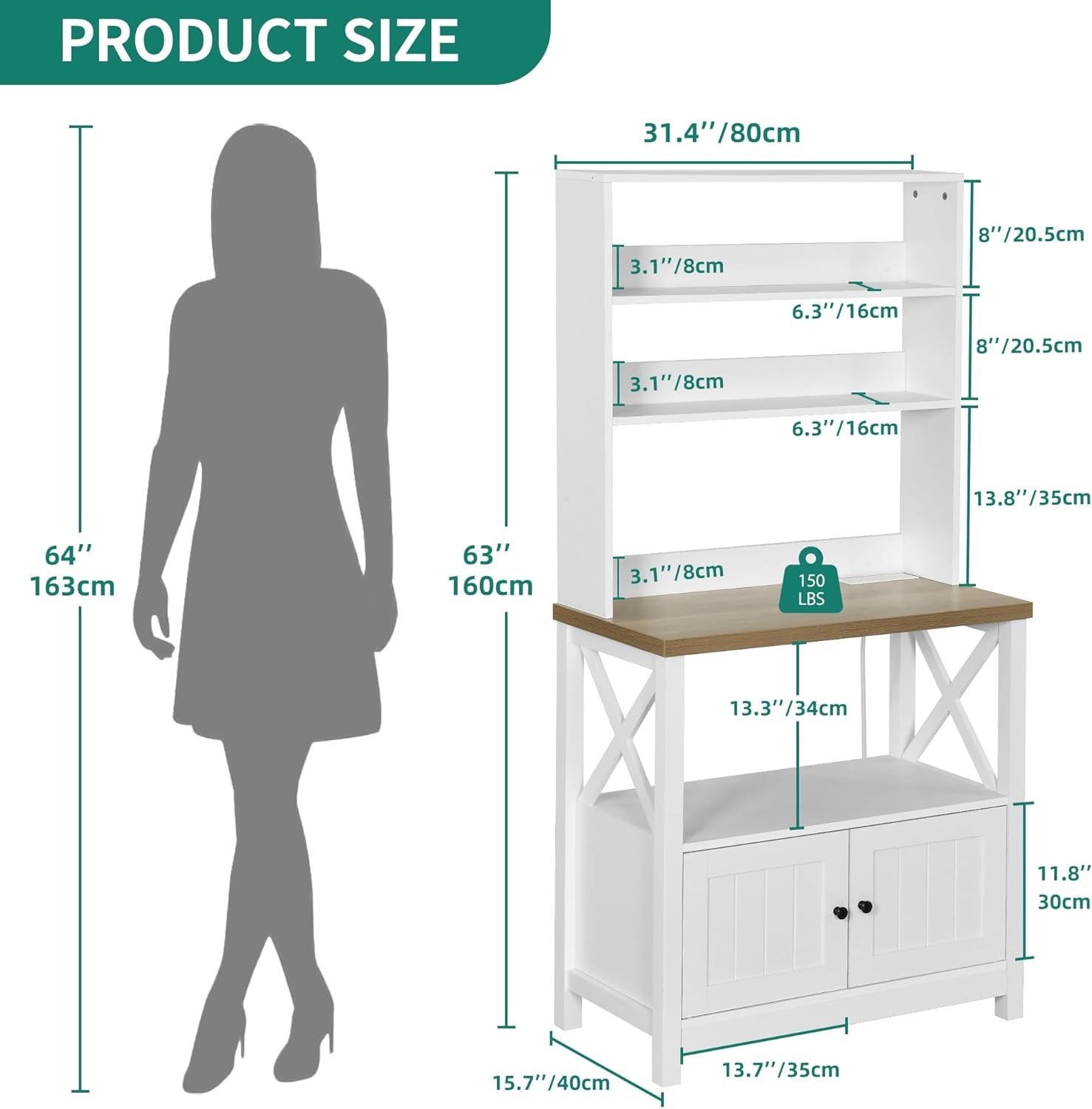 White Microwave Stand Bakers Rack Cabinet, Farmhouse Freestanding Small Kitchen Pantry Hutch Tall W Door Power Outlet Thickened Counter, Coffee Bar Storage Shelves