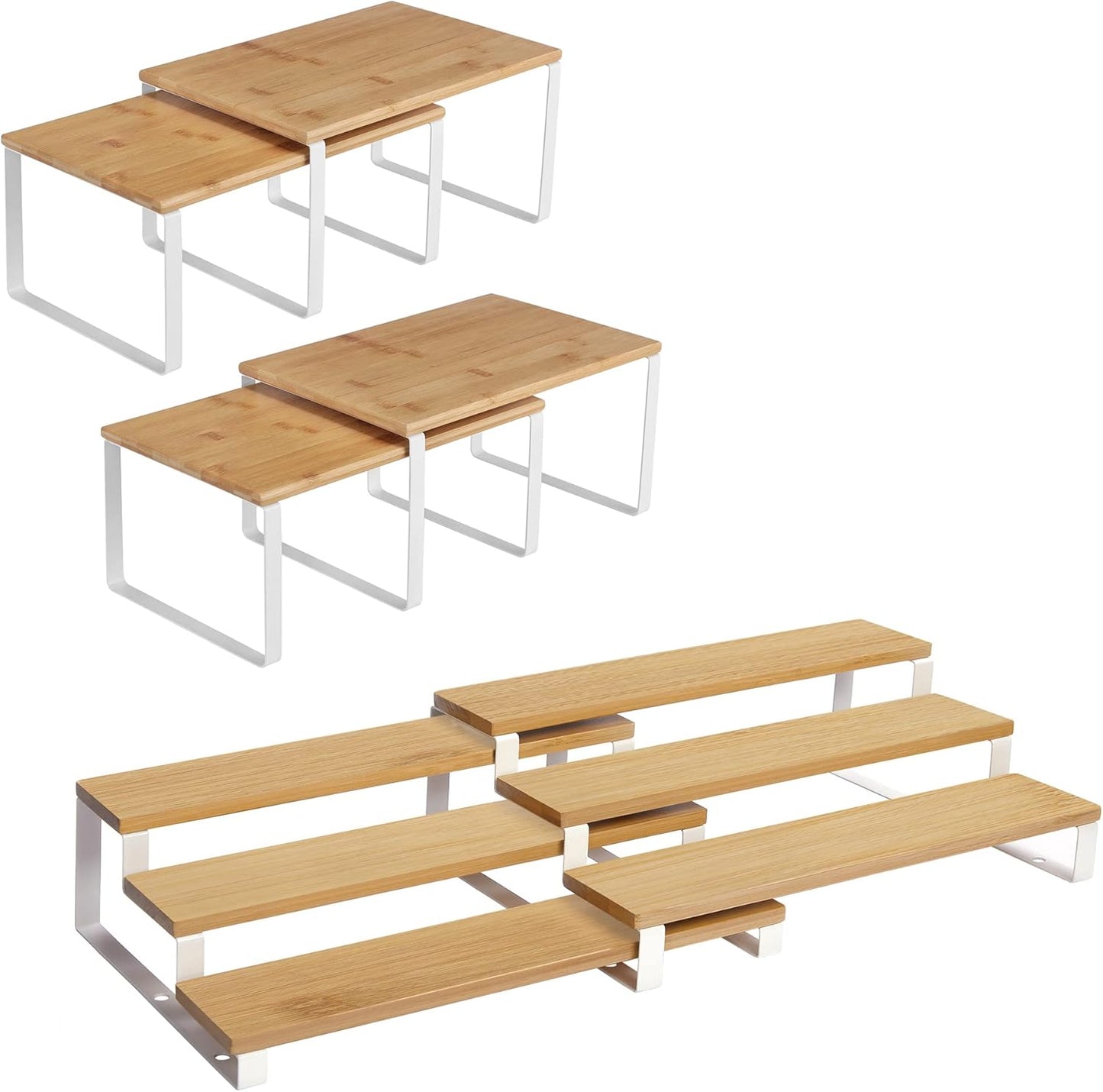 6-Piece Spice Racks Bundle, 4-Pack Spice Shelves, 2-Pack 3-Tier Spice Organizers, for Kitchen Cabinet Pantry Countertop, Bamboo with Metal Frame, Natural and White UKCS010N01 and UKCS016N02
