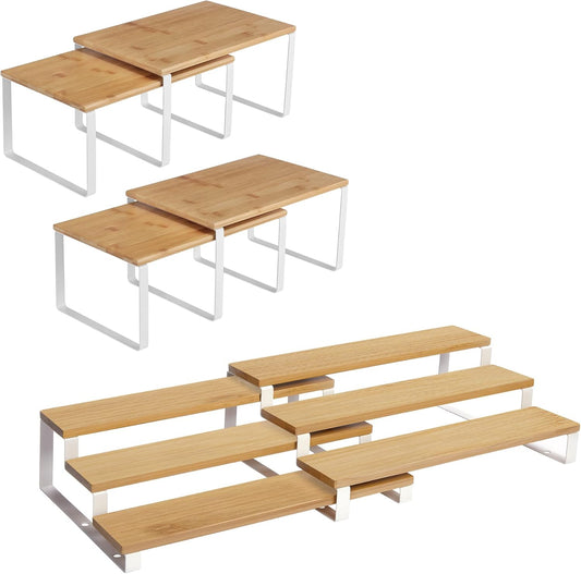 6-Piece Spice Racks Bundle, 4-Pack Spice Shelves, 2-Pack 3-Tier Spice Organizers, for Kitchen Cabinet Pantry Countertop, Bamboo with Metal Frame, Natural and White UKCS010N01 and UKCS016N02