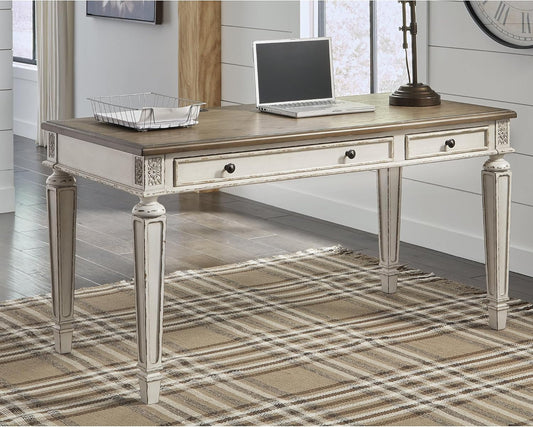 Realyn Farmhouse Home Office Desk, 2 Drawers, Drop-Down Drawer, USB Charging, Wood, 60" W X 28" D X 31" H, Chipped White and Brown
