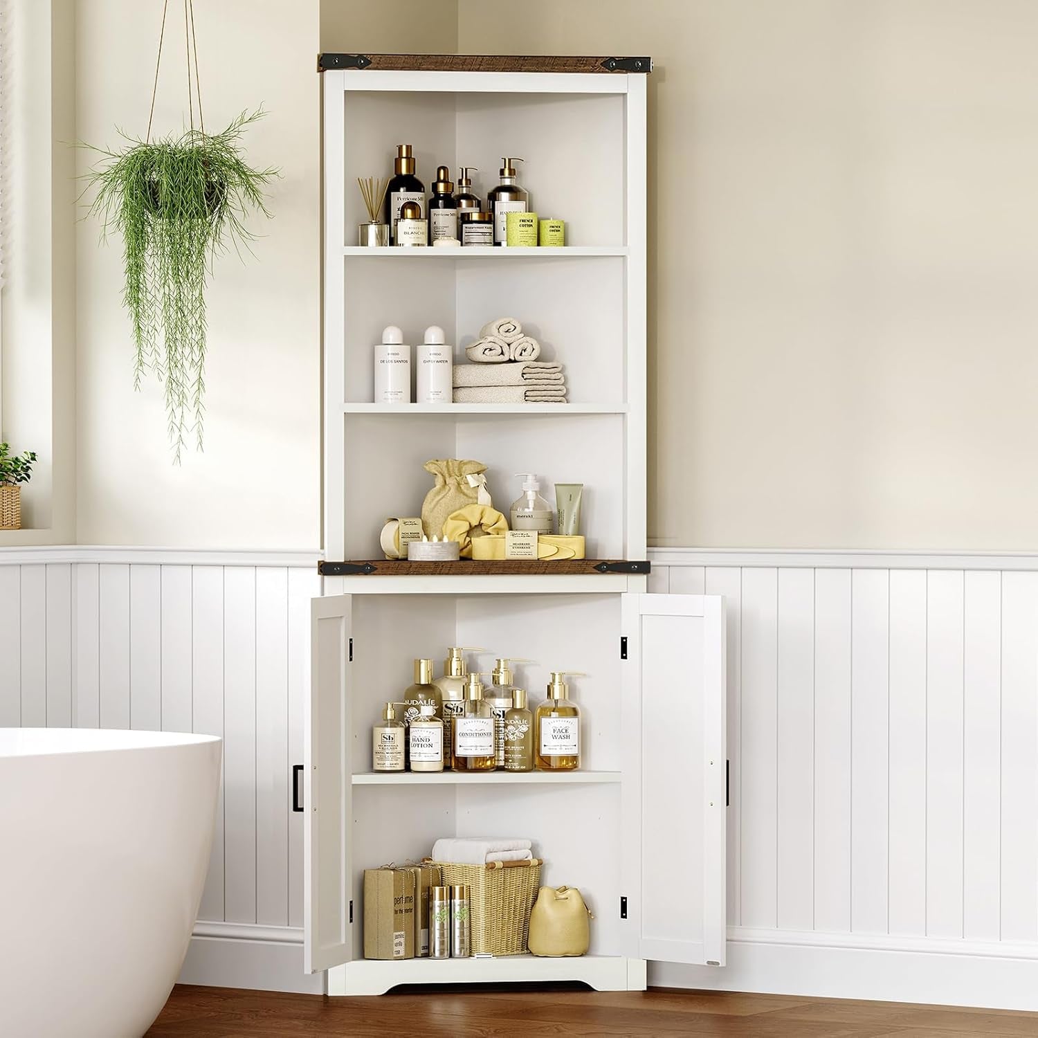 Farmhouse Corner Cabinet, 70" H Tall Corner Hutch with 5 Shelves & 2 Barn Doors, Bathroom Cabinet with Adjustable Shelf, for Living Room, Kitchen, Bathroom, White