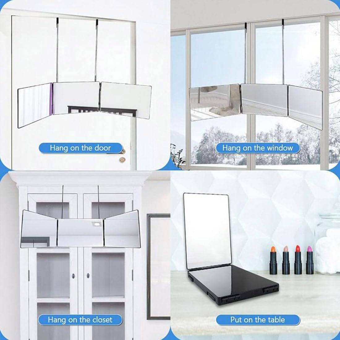 3 Way Mirror for Hair Cutting,360 Trifold Mirror with Height Adjustable Telescoping Hooks,And 5X Magnification,For Makeup, Hair Styling