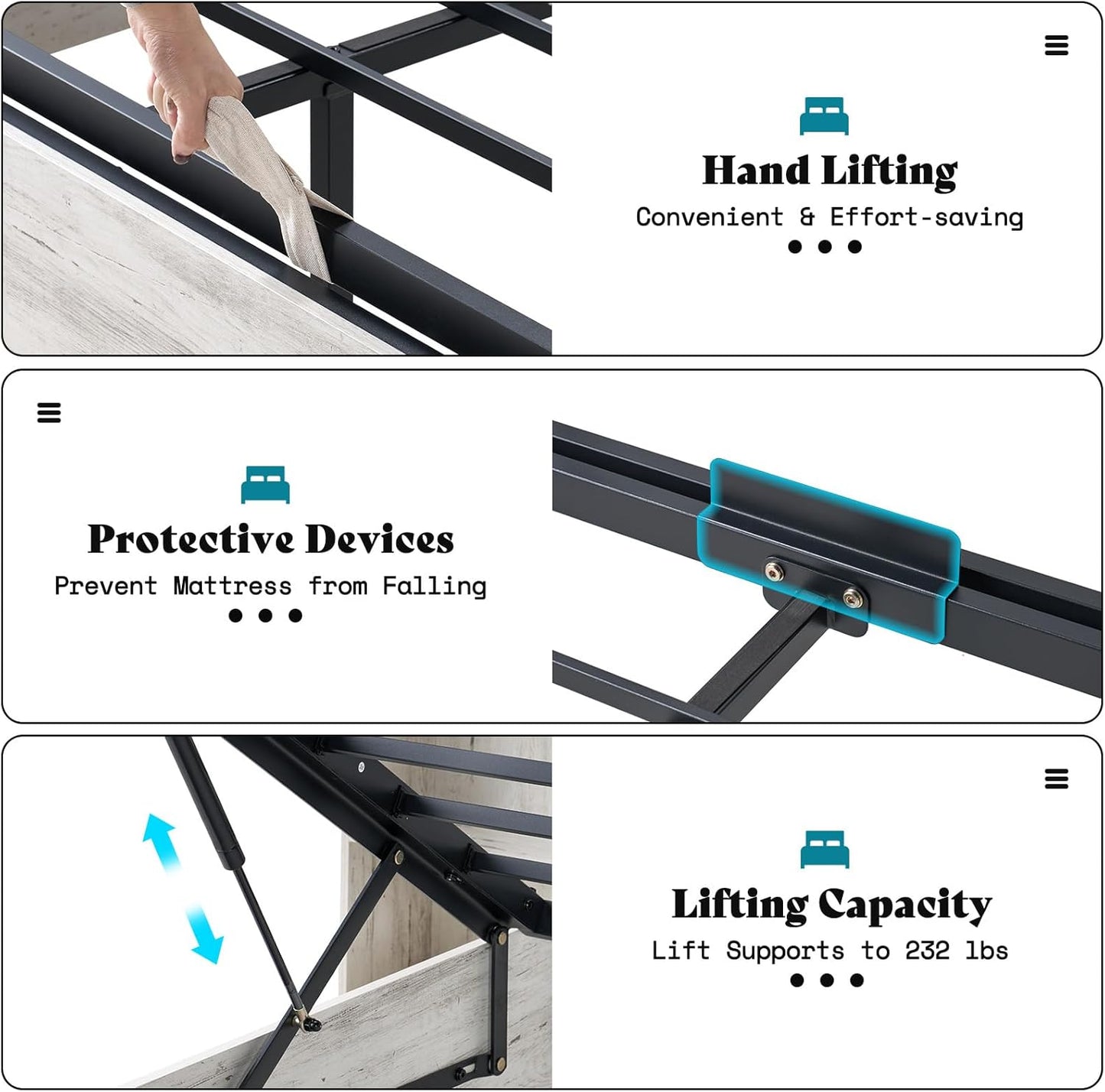 King Size Lift up Storage Bed Frame, 45.1" LED Bed Frame with 2 Side Shelves & Bookcase Headboard, Farmhouse Wood Platform Bed with Charging Station, No Box Spring Needed, Distressed White