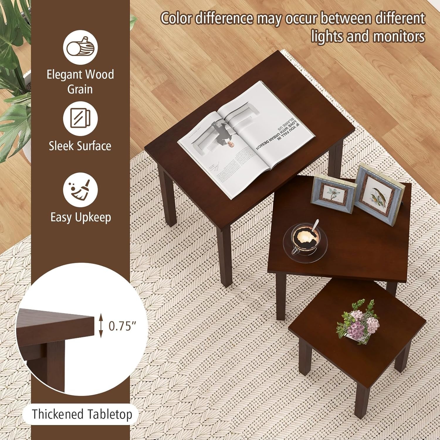 Nesting Tables Set of 3, Farmhouse Stacking Side Table with Rubber Legs, Wooden Rectangle Accent End Table, Nesting Coffee Tables for Living Room Bedroom (Walnut)