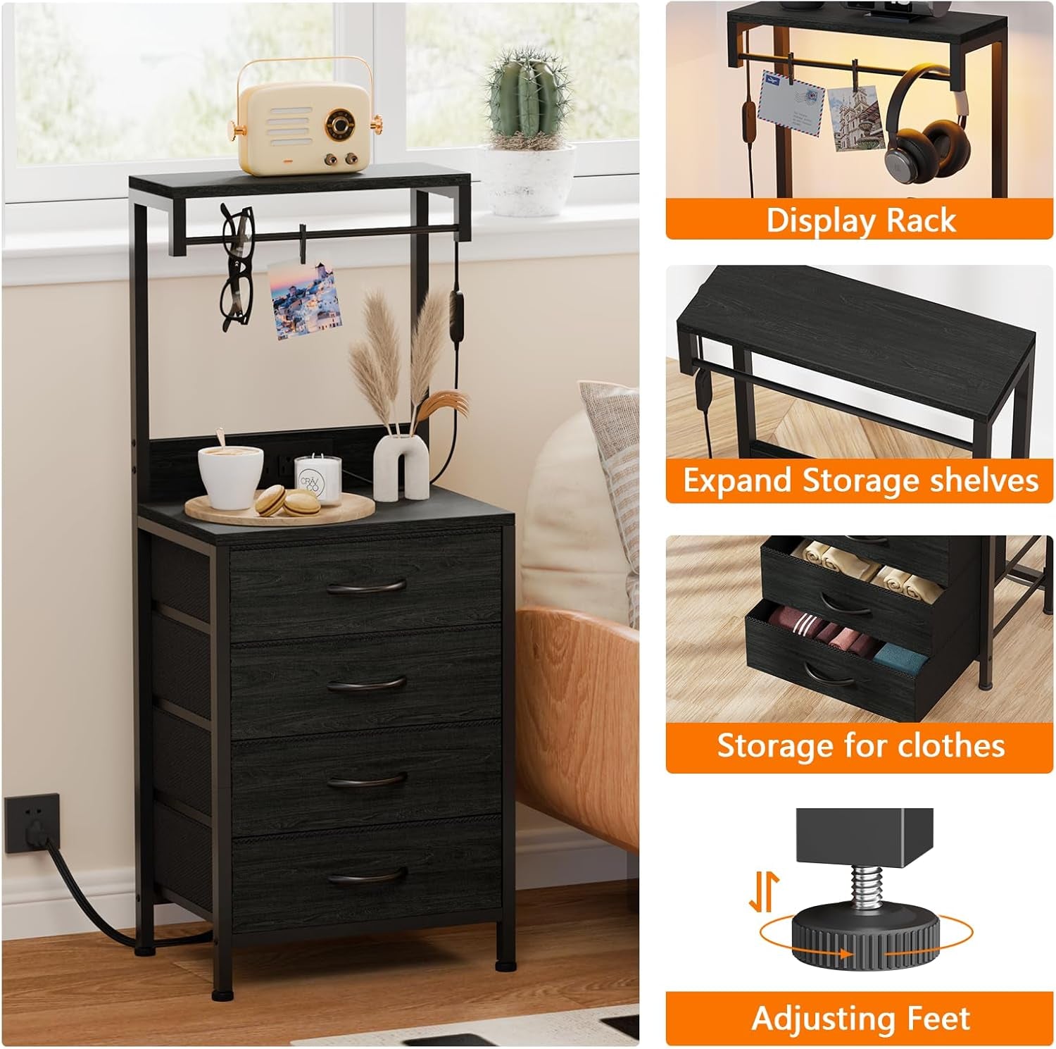 Tall Nightstand with Charging Station, Night Stands with LED Lights and Storage Shelves, Bed Side Table for Bedroom, Hallway, Office, 4 Fabric Drawers (Black Oak)